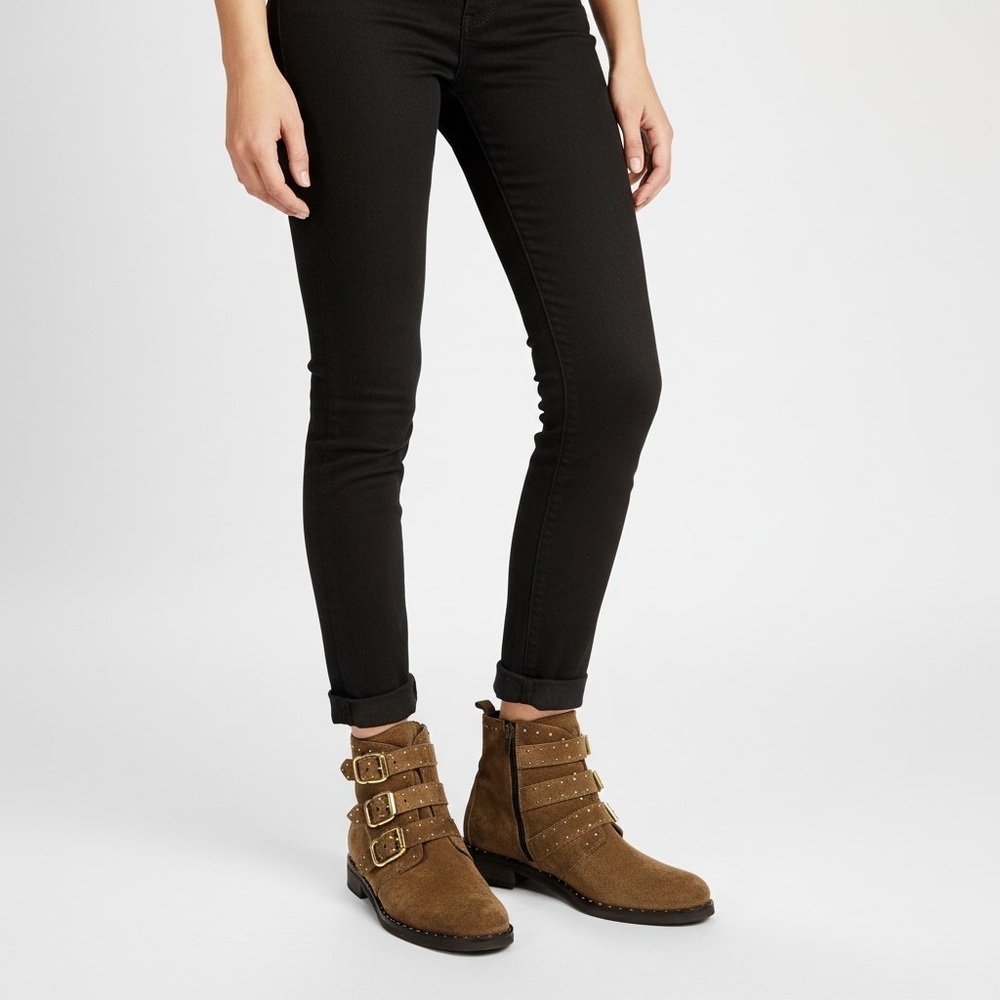 Minelli Brown Suede Studded Ankle Boots Buckle Moto EU 38
